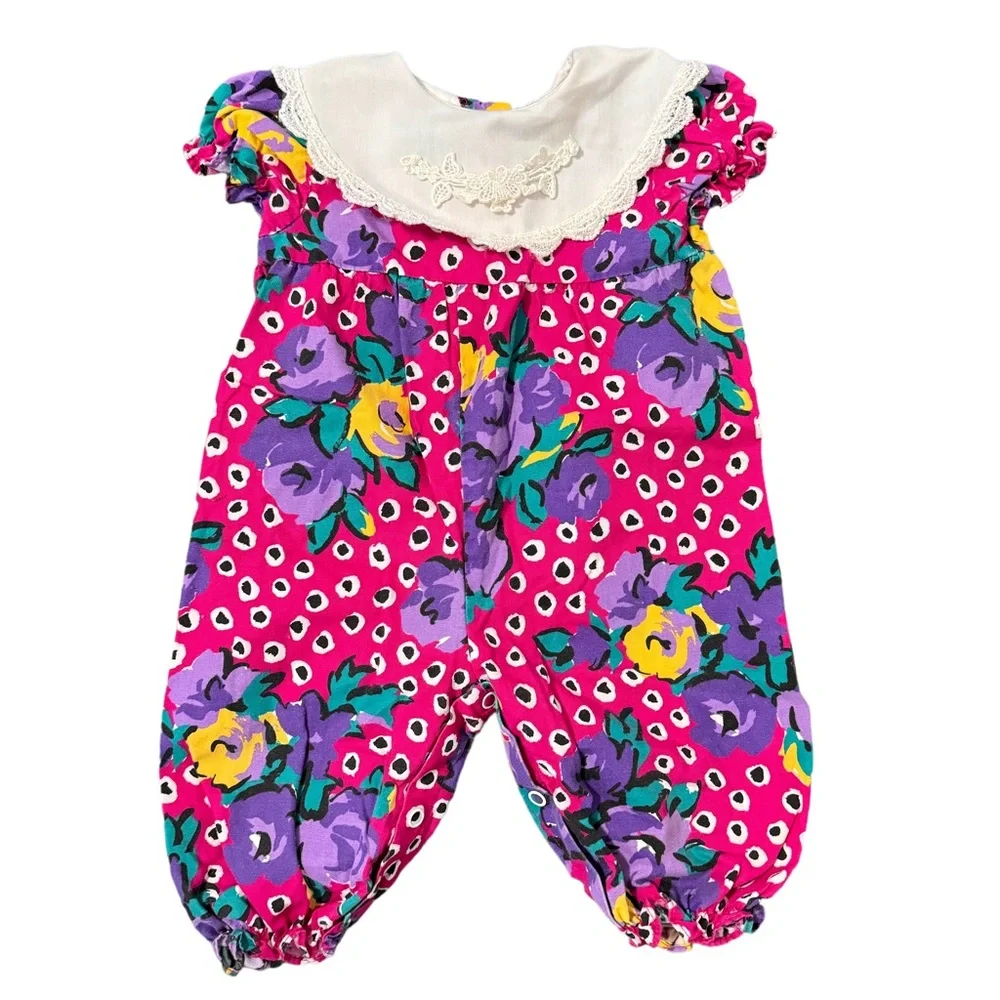 Vintage‎ JoLene Dress Pink Polkadot Floral Jumpsuit Cottagecore USA Size 6/9M